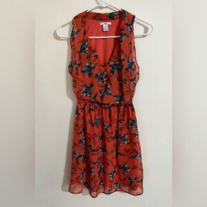 Bar III Coral tropical bird print ruffled sleeveless dress, size XS